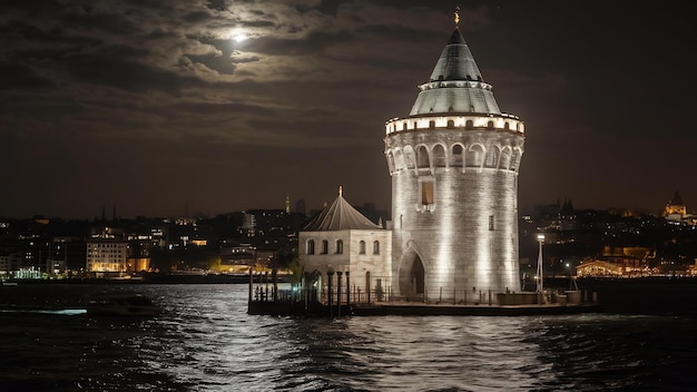 Maidens tower or kiz kulesi in night time in istanbul turkey