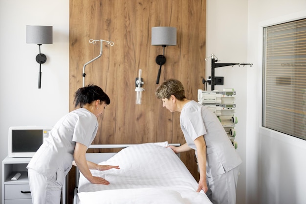 Maids make the bed in medical ward