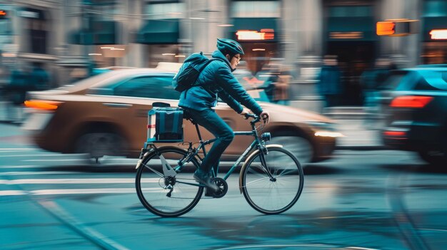 A mail carrier riding a bicycle along city streets maneuvering through traffic to deliver mail to urban residents and businesses