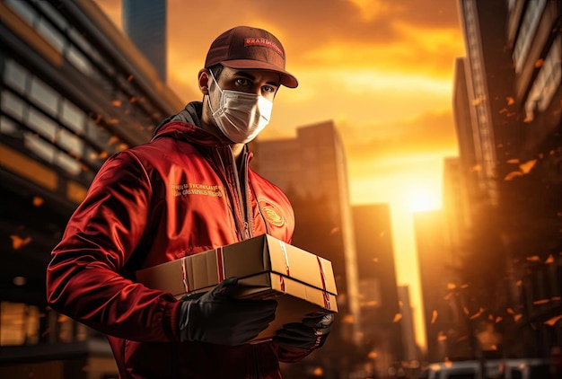 Photo mail delivery worker with medical mask and box in the style of red and gold