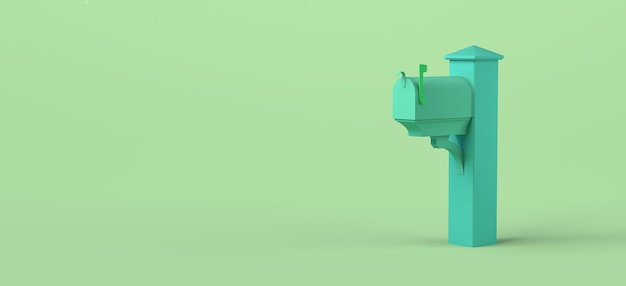 緑の背景の手紙のメールボックス。 3Dイラスト。スペースをコピーします。