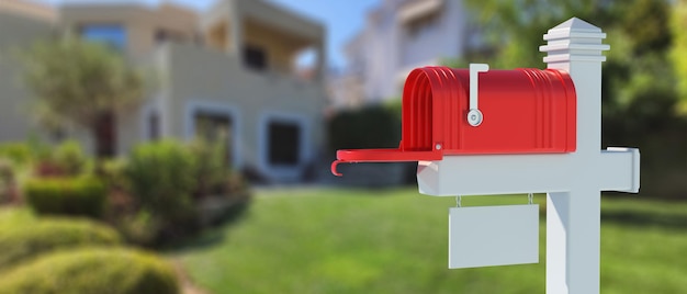 Photo mailbox red color open with blank street number label blur house garden background 3d illustration