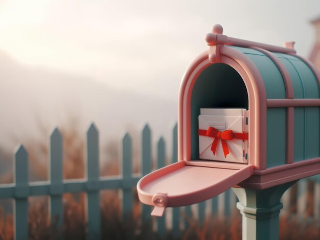 Mailbox with gift box on the background of a wooden fence