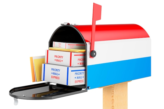 Photo mailbox with luxembourgish flag with parcels envelopes inside shipping in luxembourg concept 3d rendering