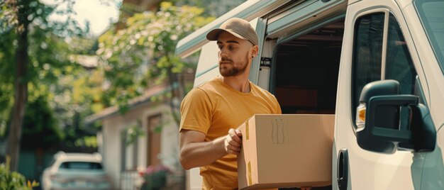 Photo mailman removes a cardboard box from a white delivery truck and delivers it to a homeowner