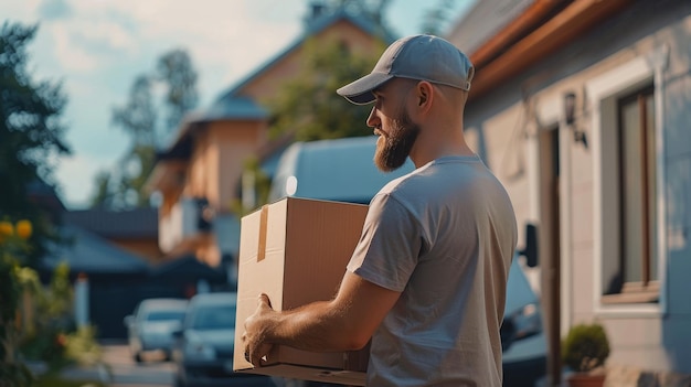 Foto il postino tira fuori una scatola di cartone da un veicolo di consegna e la dà al proprietario della casa