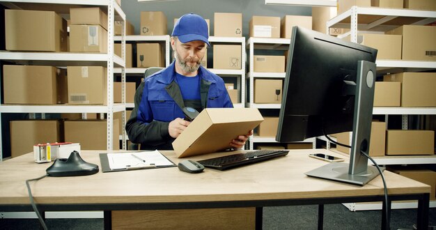 Mailman in uniform working at computer in post office store with parcels.