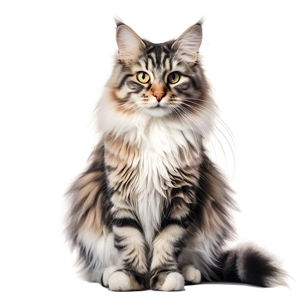 Main coon cat sitting isolated on white Front view of a Norwegian Forest cat sitting