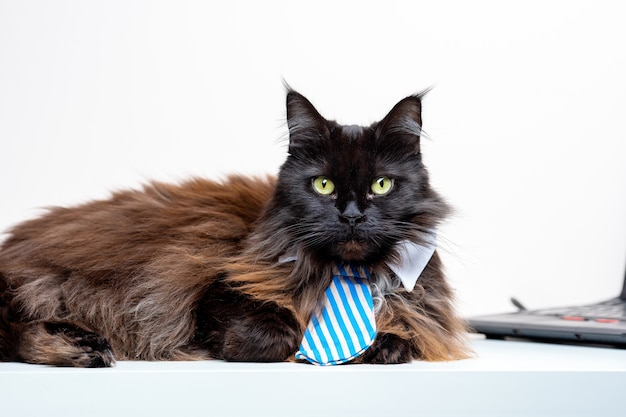 main coon cat in striped tie with laptop in room