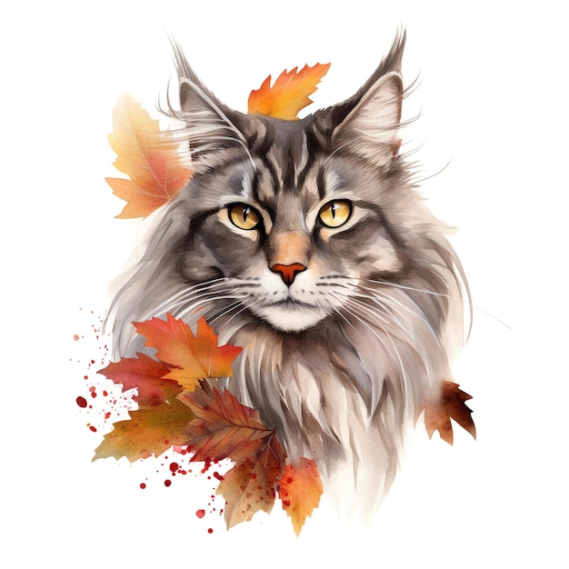 Main coon cat watercolor clipart portrait painting with autum_n flowers