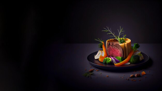 main course with beef steak realistic 3D, product showcase for food photography