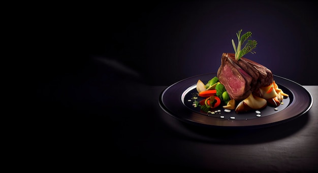 Photo main course with beef steak realistic 3d, product showcase for food photography