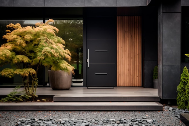 Foto porta d'ingresso principale di una villa in stile minimalista giapponese pareti a pannelli neri e legno di legno