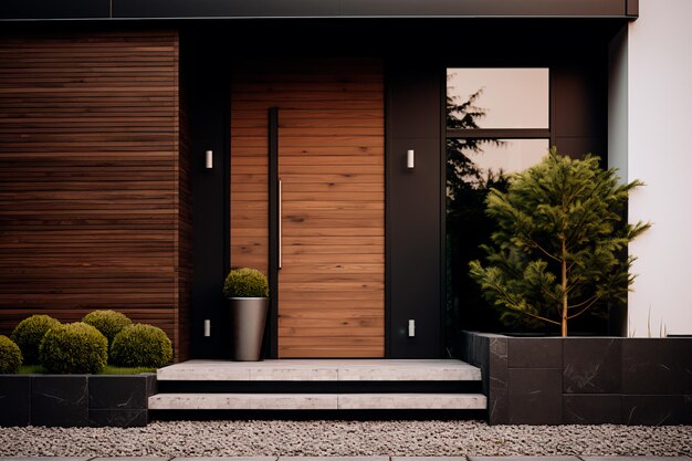 Photo main entrance door of a villa with japanese minimalist style black panel walls and timber wood