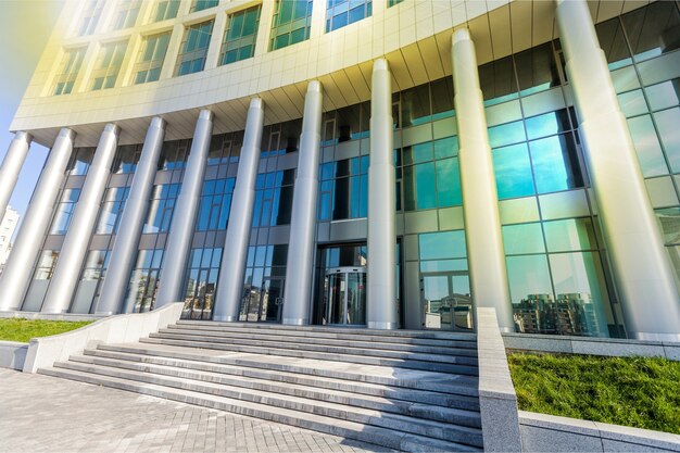 Main entrance at modern glass business building