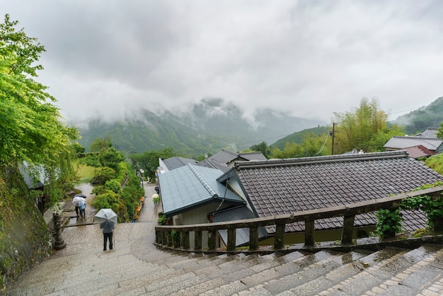 The main entrance to Seigantoji temple and beautiful foggy scenery in the background  Japan
