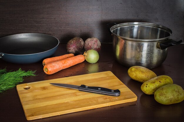 The main ingredients are vegetables for borsch beets, carrots, potatoes, onions . View top.