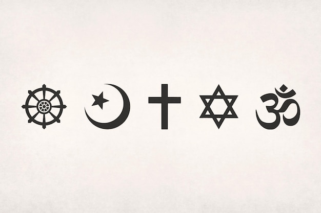 The main religious symbols Buddhism Islam Christianity Judaism and Hinduism printed on paper