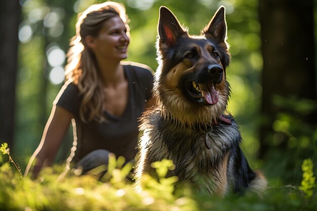 Main shot of a German Shepherd in the park smiling in the background a girl sits on the grass