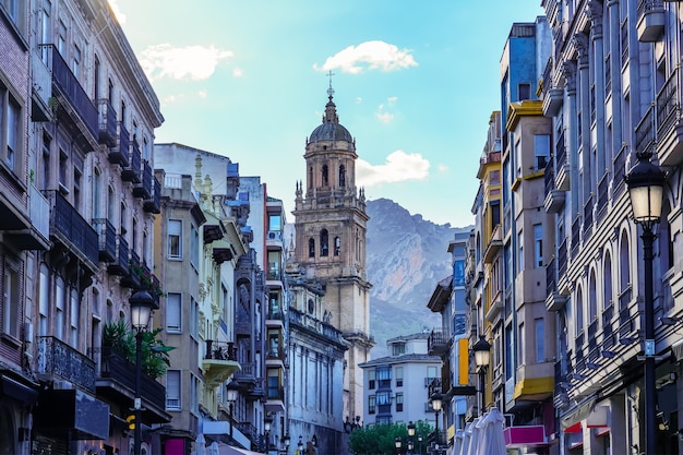 Main street of Jaen with its impressive cathedral in the background next to the mountains. Andalusia Spain.