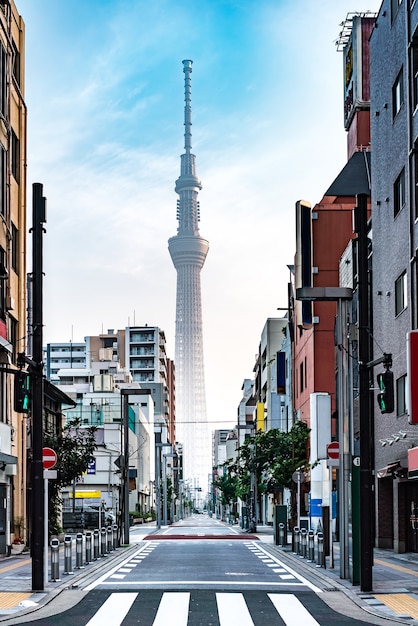 日の出のメインストリートから東京スカイツリーへ