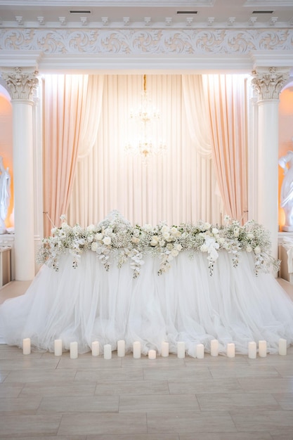 Main table at a wedding reception with beautiful fresh flowers and candles