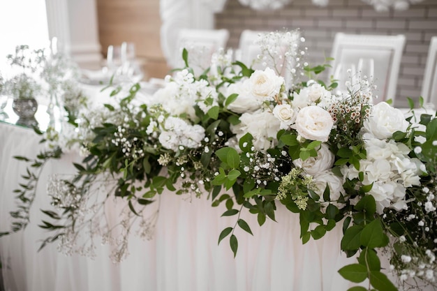 Main table at a wedding reception with beautiful fresh flowers