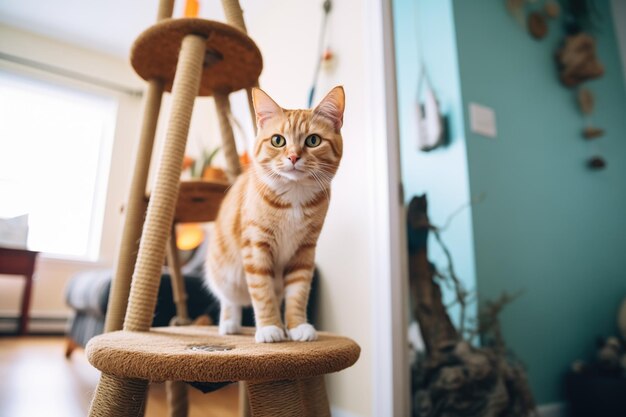 Photo maine ascending the steps of a sturdy cat tree