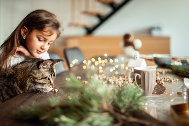 메인 쿤 고양이와 귀여운 소녀가 크리스마스 장식 옆 테이블에 앉아 있습니다. 개념