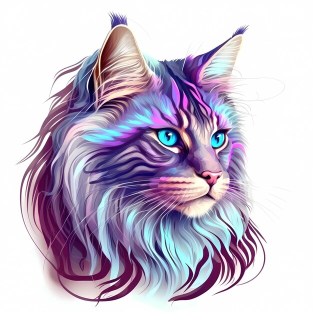 Maine Coon cat head portrait realistic colorful violet blue pink