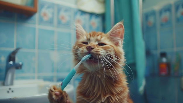 Кошка мейн-куна с зубной щеткой в ванной комнате Причудливый кадр рыжего кота мейн-Куна, игриво держащего зубную щетку, предполагающий утреннюю гигиену зубов