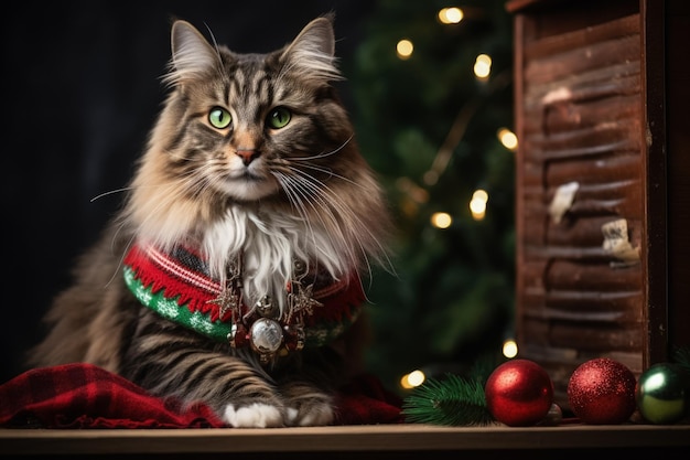 Maine Coon cat in holiday sweater radiating Christmas cheer