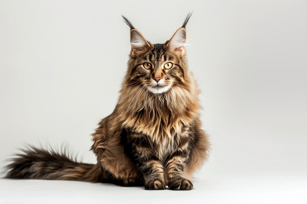 A Maine Coon cat posing gracefully against a light background