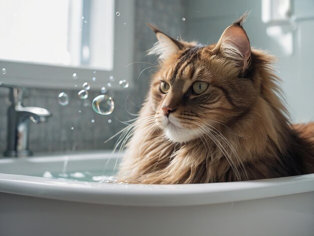 A Maine Coon cat sits calmly in a bathtub filled with water showcasing the grooming aspect of Maine Coon care