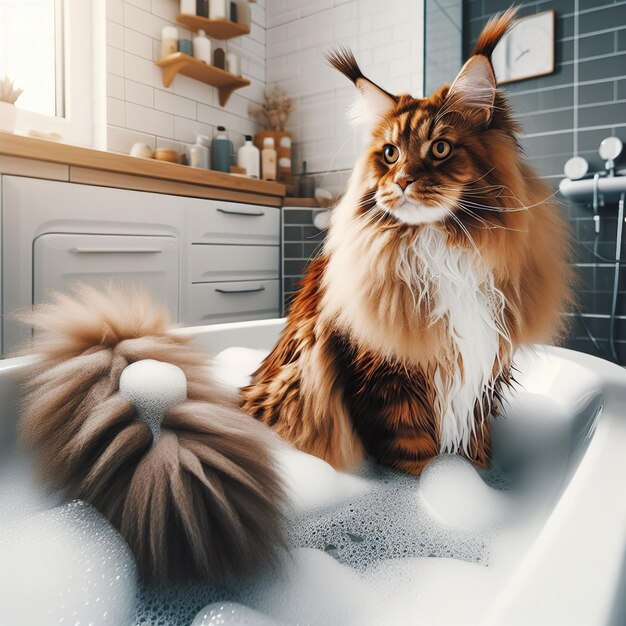 A Maine Coon cat sits calmly in a bathtub filled with water showcasing the grooming aspect of Maine Coon care