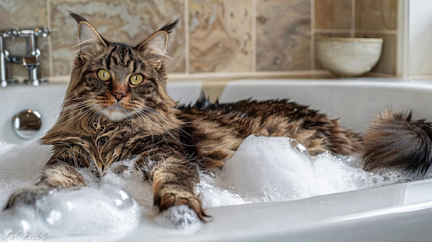 Кошка мейн-кун спокойно сидит в ванне, наполненной водой, демонстрируя уход за мейн-куном.