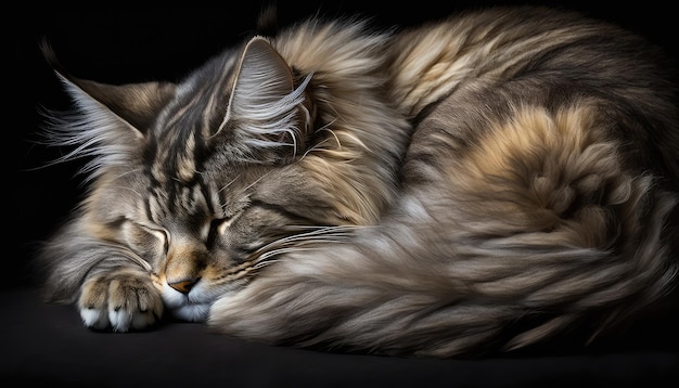 A Maine Coon cat sleeps on a black background with a black background