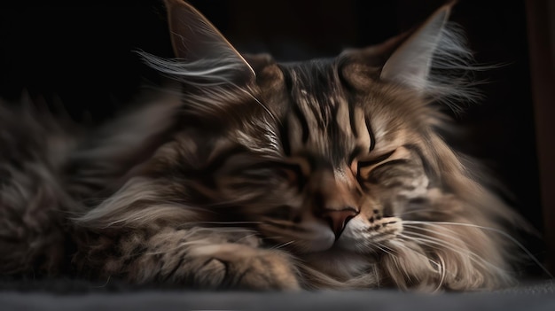 A Maine Coon cat sleeps on a dark background