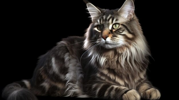 Maine Coon Cat with Huge polydactyl paws Lying on Isolated Black Background front view