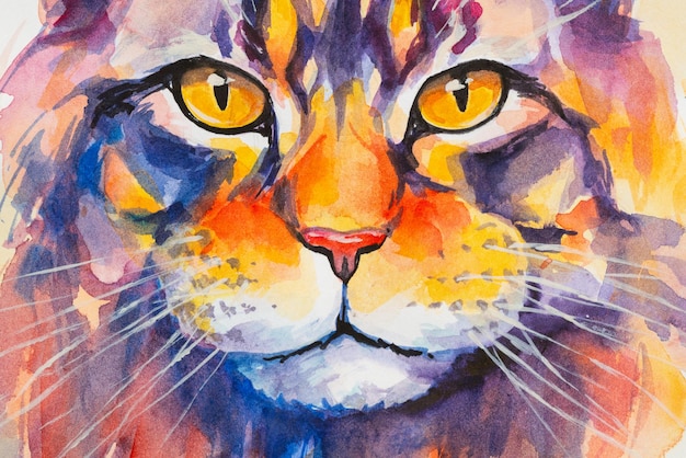 Maine coon kat geschilderd in waterverf op een witte achtergrond op een realistische manier kleurrijke regenboog
