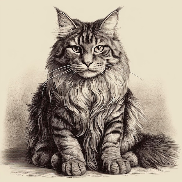 Maine Coon kat gravure stijl close-up portret zwart-wit tekening schattig pluizige kitten