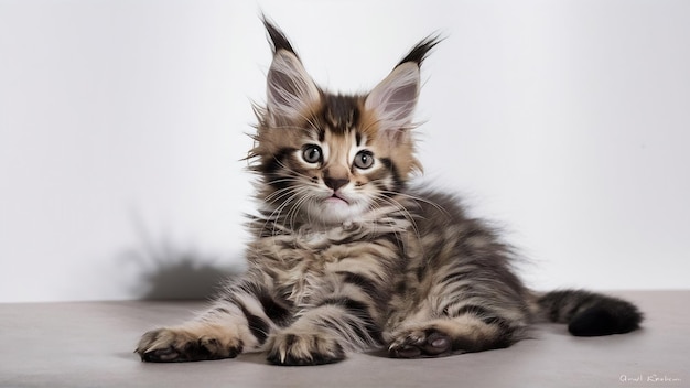 Maine coon kitten 8 weeks old reaching out in front of white background