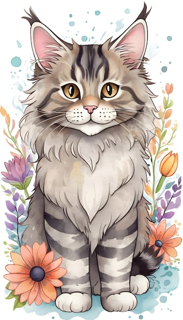 Maine coon kitten cartoon and a bouquet of flowers drawing on white background