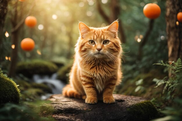 Maine coon kitten sitting on a tree in forest park on summer sunny day