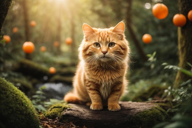 Maine coon kitten sitting on a tree in forest park on summer sunny day