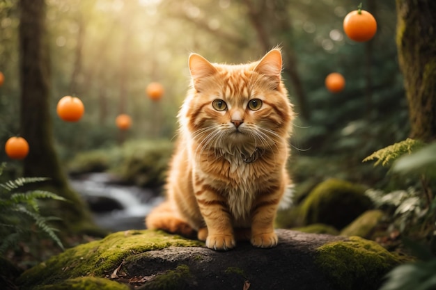 Maine coon kitten zit op een boom in een bospark op een zonnige zomerdag