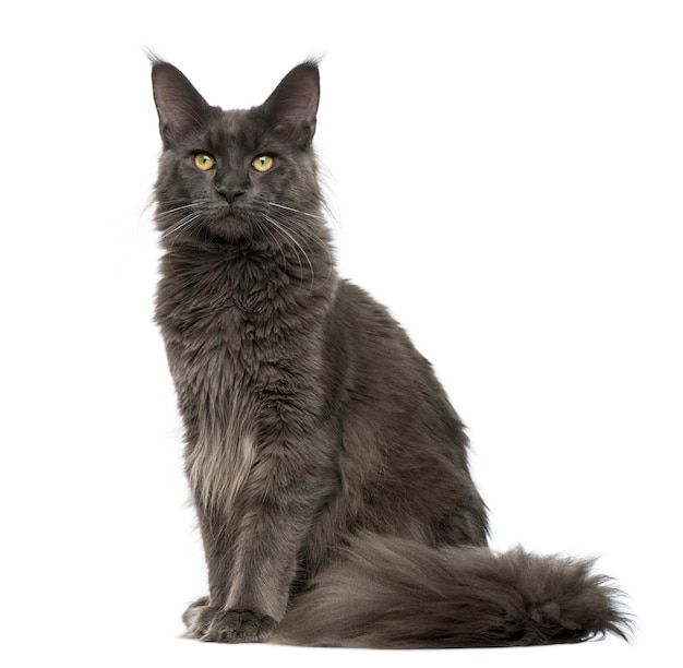 Maine Coon sitting in front of a white wall