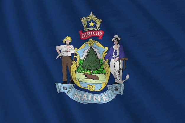maine us state flag with big folds waving close up under the studio light indoors the official symbols and colors in banner
