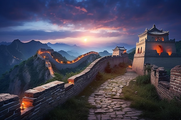 Maintained part of the Great Wall of China that stretches throughout the mountains