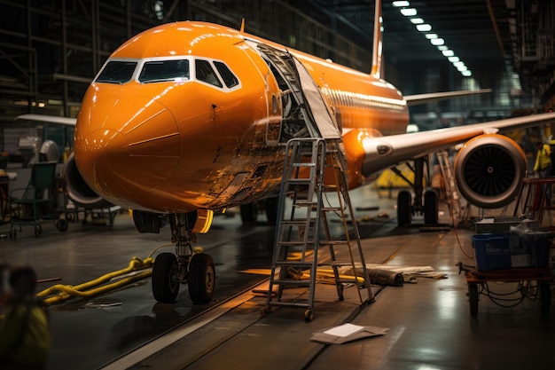 Maintenance team inspects plane thoroughly in the hangar generative IA